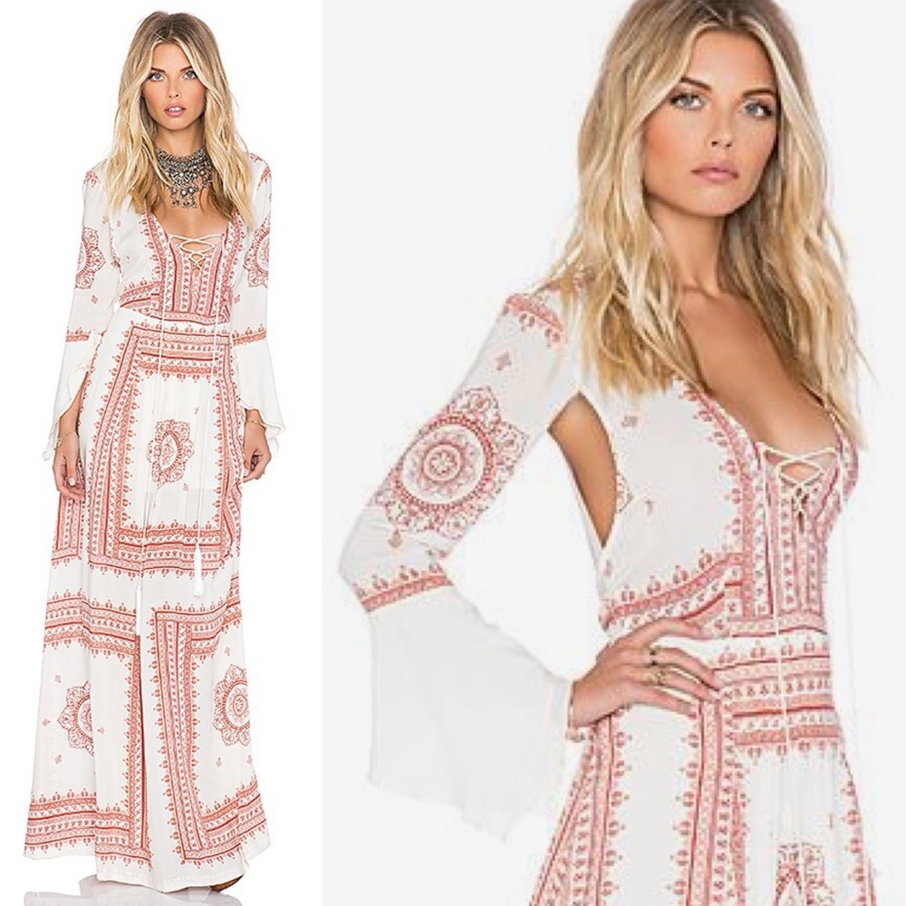 NEW JETSET DIARIES REVOLVE SANTORINI CREAM RUST RED CUTOUT MAXI DRESS M RARE ⚡️